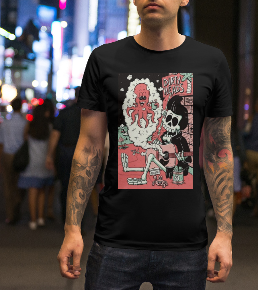 Dirty Heads Jacksonville Oregon Aug 20 2024 Skeleton Guitar Octopus T-Shirt