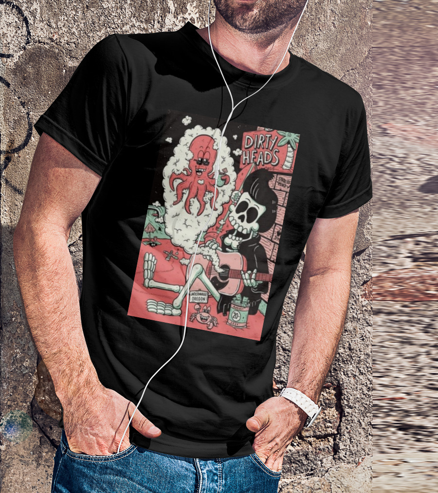 Dirty Heads Jacksonville Oregon Aug 20 2024 Skeleton Guitar Octopus T-Shirt