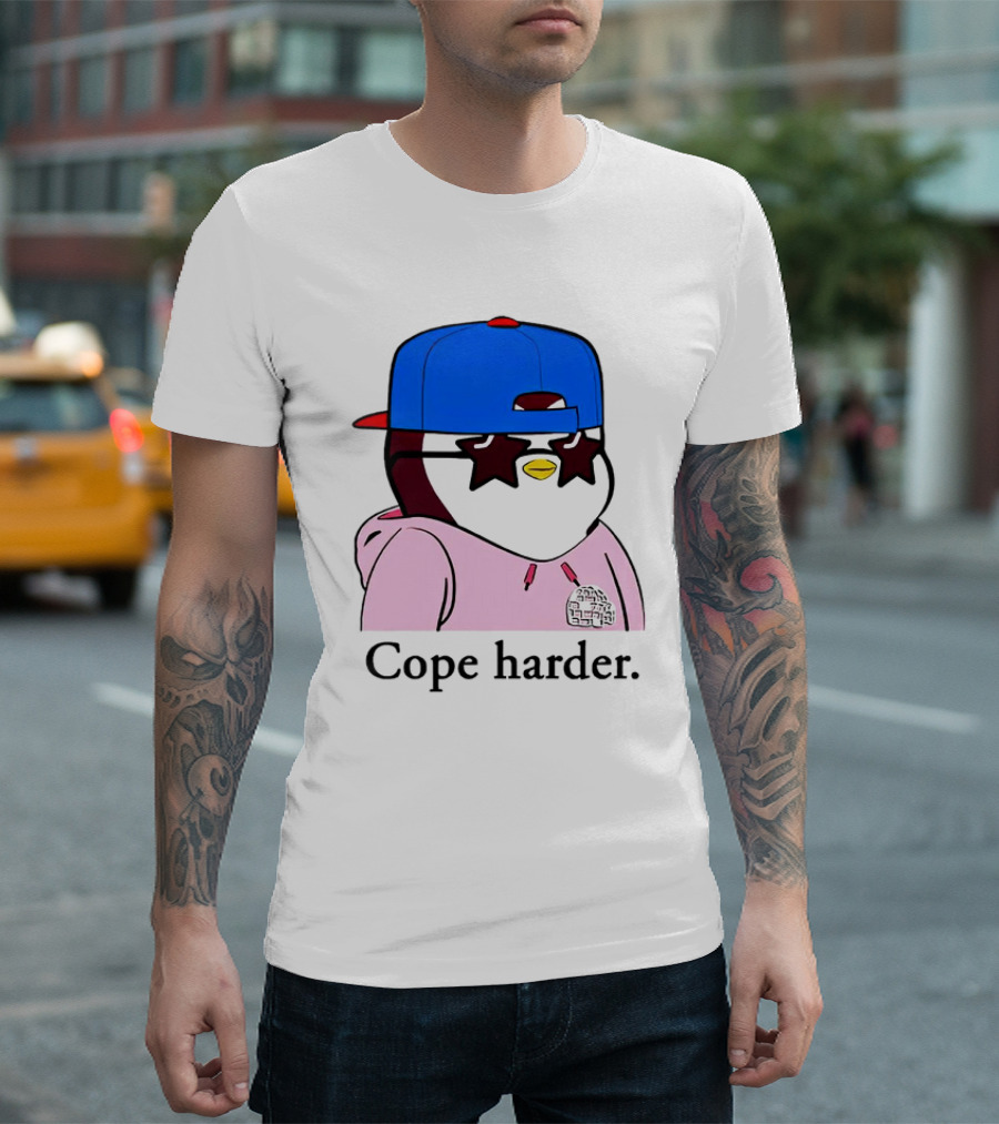 Pudgy Penguin Cope Harder Star Shades Blue Cap Pink T-Shirt