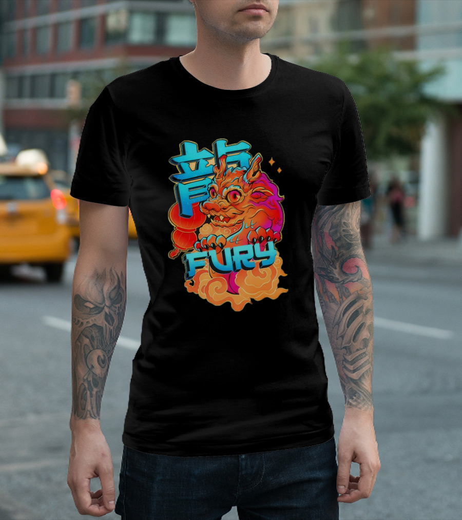 Dragon Fury Vibrant Mythical Creature With Neon Chinese Characters T-Shirt