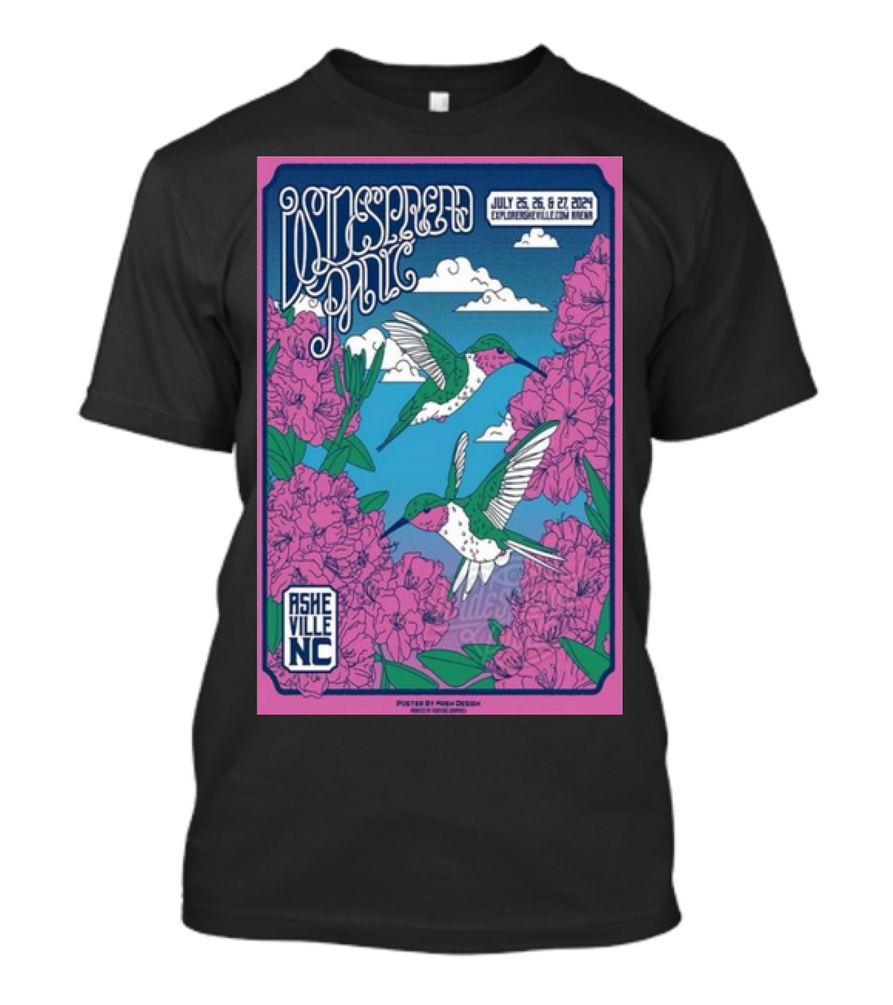Widespread Panic July 25-27 2024 Asheville NC Hummingbirds And Flowers ExploreAsheville.com Arena T-Shirt