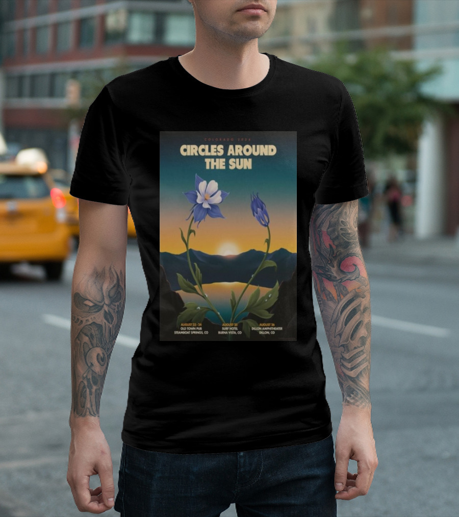 Colorado 2024 Circles Around The Sun August 26 Dillon Amphitheater Dillon CO Columbine Flowers and Sunset T-Shirt