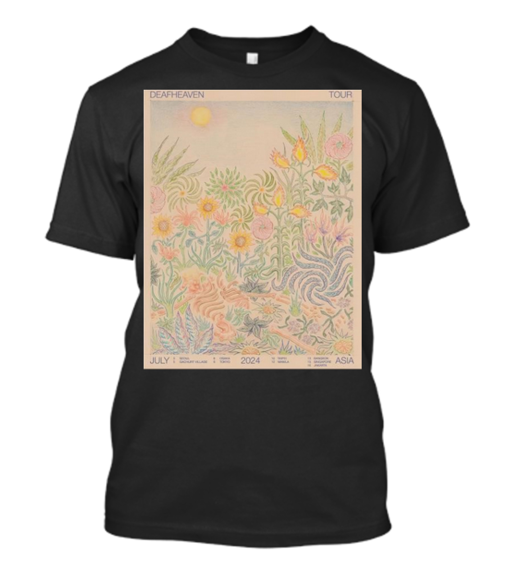 Deafheaven Tour July 2024 Asia Flora Illustration With Sun And Foliage T-Shirt