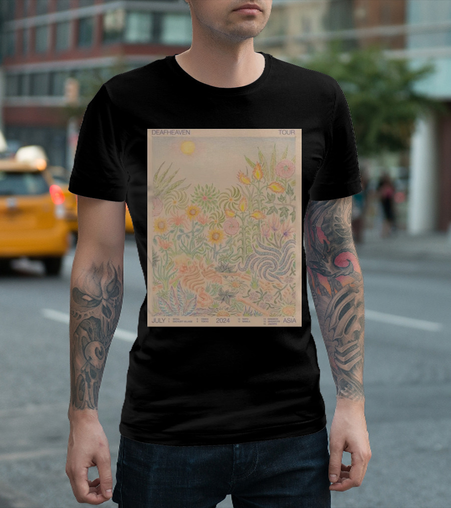 Deafheaven Tour July 2024 Asia Flora Illustration With Sun And Foliage T-Shirt
