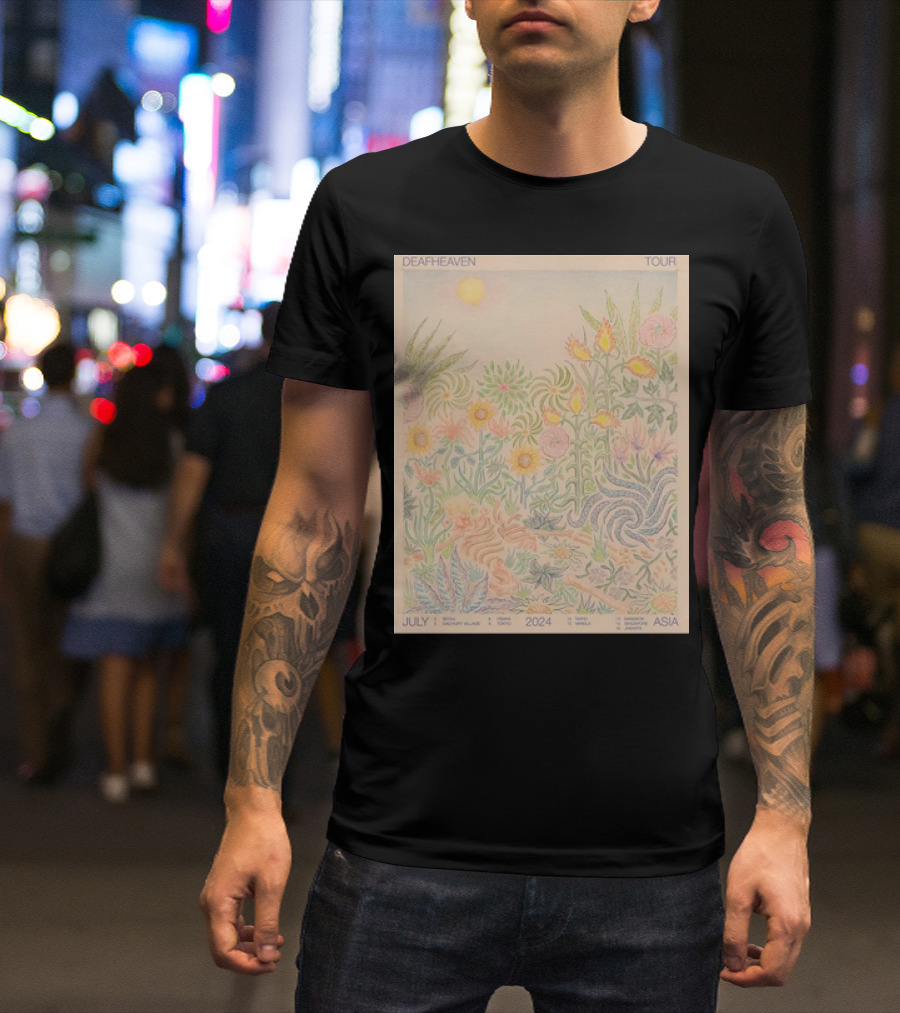 Deafheaven Tour July 2024 Asia Flora Illustration With Sun And Foliage T-Shirt