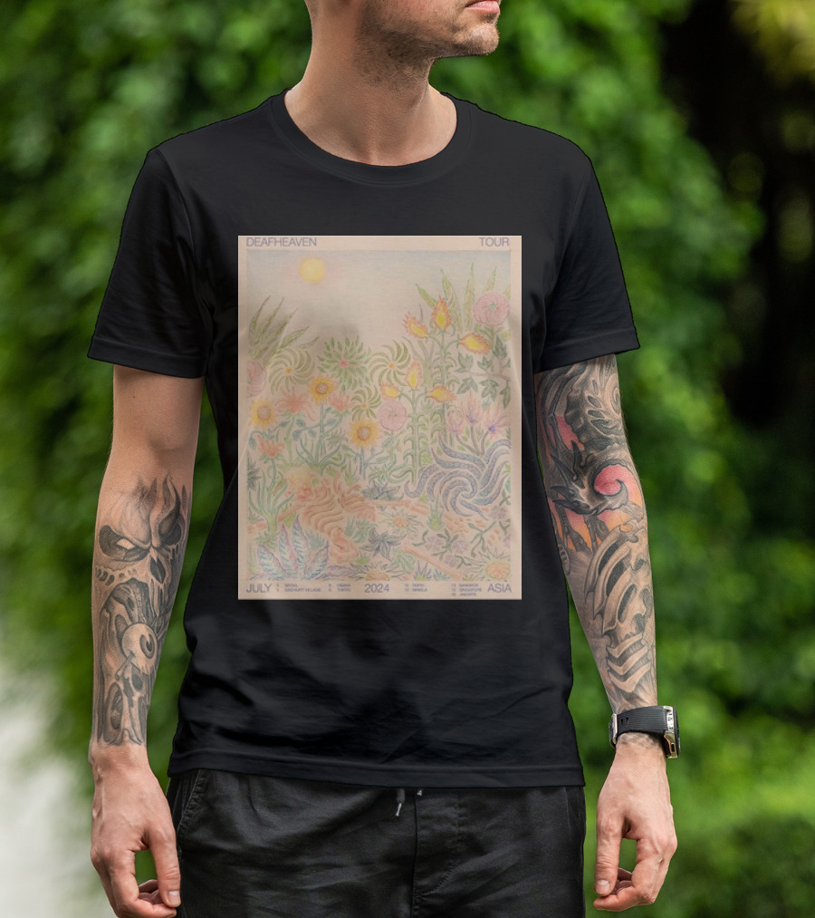 Deafheaven Tour July 2024 Asia Flora Illustration With Sun And Foliage T-Shirt
