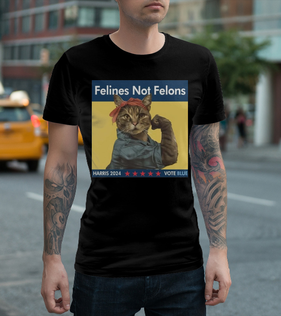 Felines Not Felons Harris 2024 Vote Blue Strong Cat Ladies T-Shirt