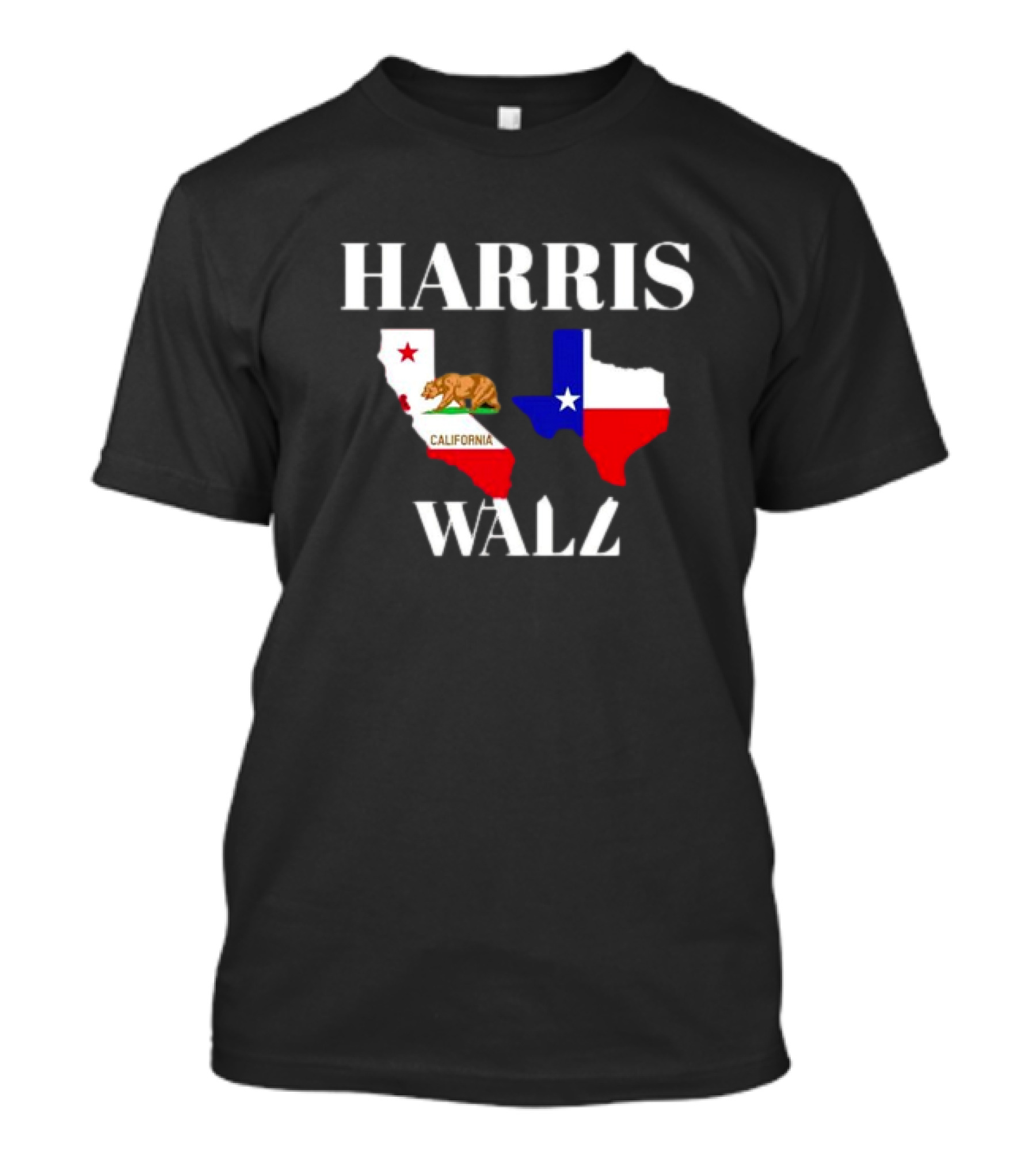 Harris Walz California Texas Map State Bear Star Flag T-Shirt