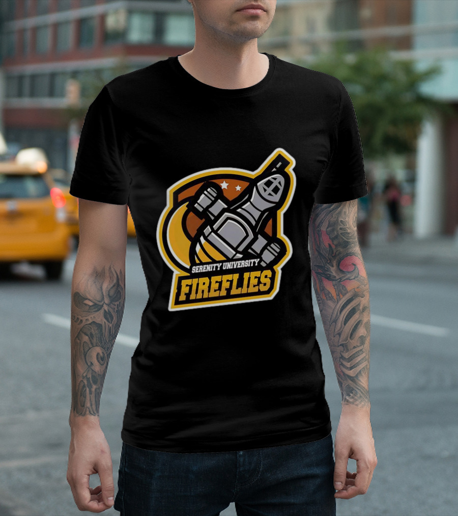 Serenity University Fireflies Spaceship Logo with Stars and Moon T-Shirt