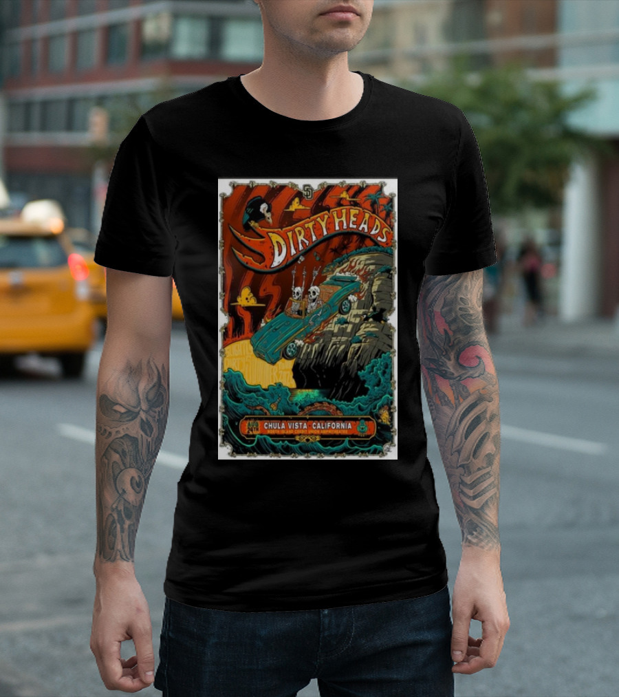 Dirty Heads Chula Vista California Aug 24 2024 North Island Amphitheatre Skeletons in Convertible Cliff Scene T-Shirt