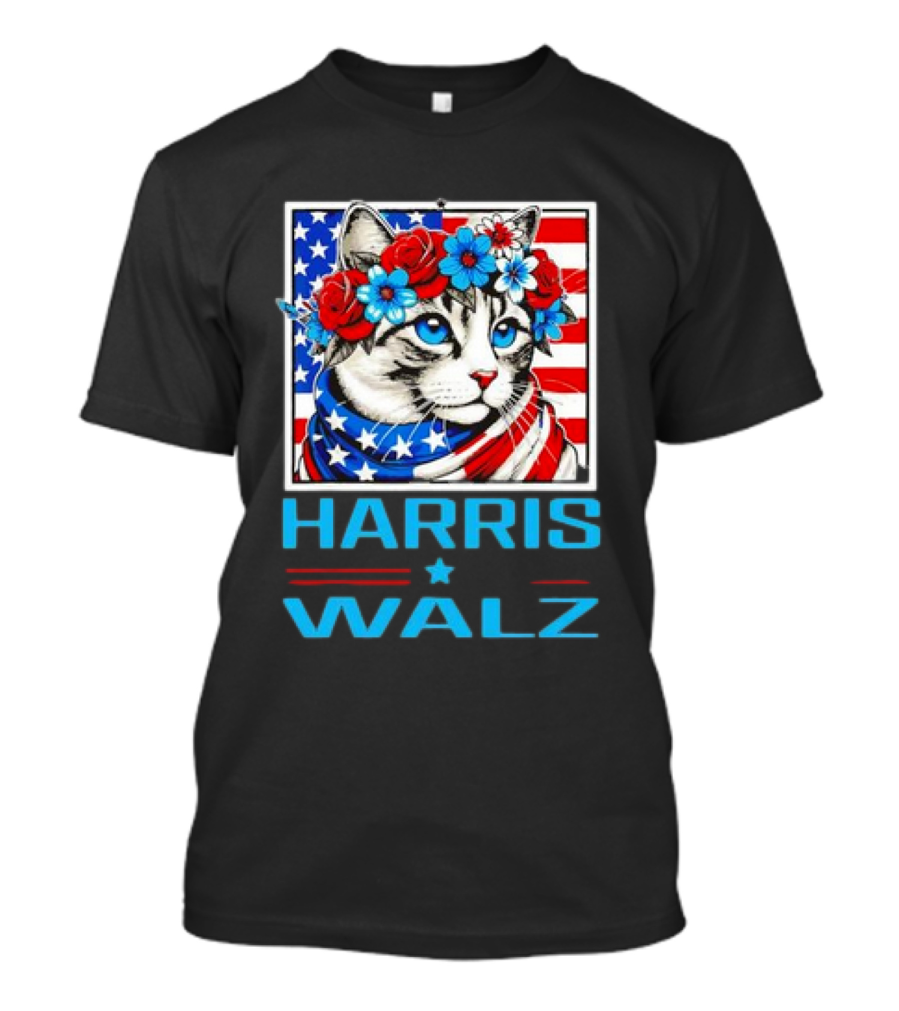 Harris Walz Cat Lady Floral Headband USA Flag T-Shirt
