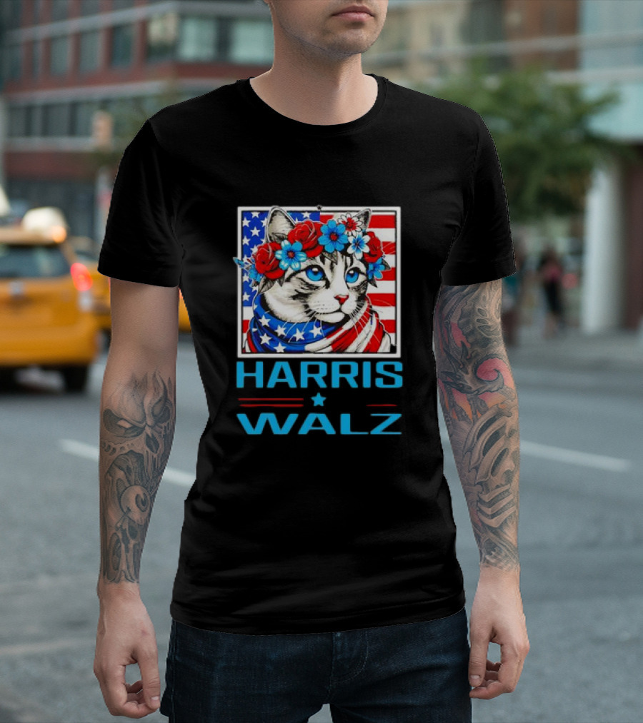 Harris Walz Cat Lady Floral Headband USA Flag T-Shirt