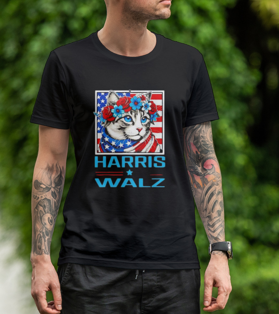 Harris Walz Cat Lady Floral Headband USA Flag T-Shirt