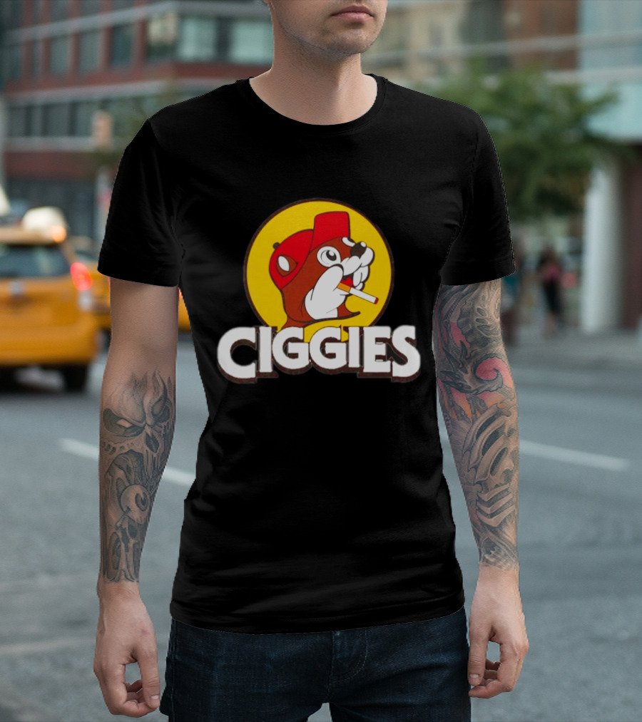 Buc-ees Ciggies Beanie Wearing Animal Carton Smoking Humorous T-Shirt