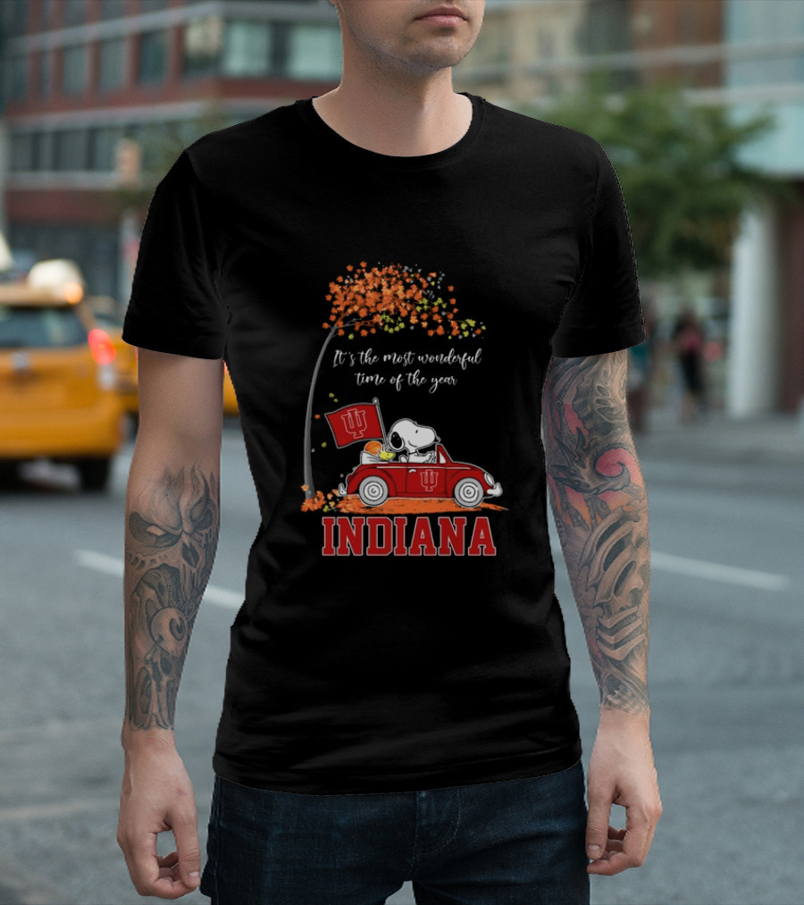 Indiana Hoosiers Snoopy and Woodstock Driving Car Fall It’s The Most Wonderful Time of the Year T-Shirt