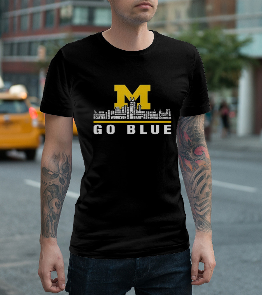 Michigan Wolverines Go Blue Skyline with Woodson Hutchinson Brady Names T-Shirt