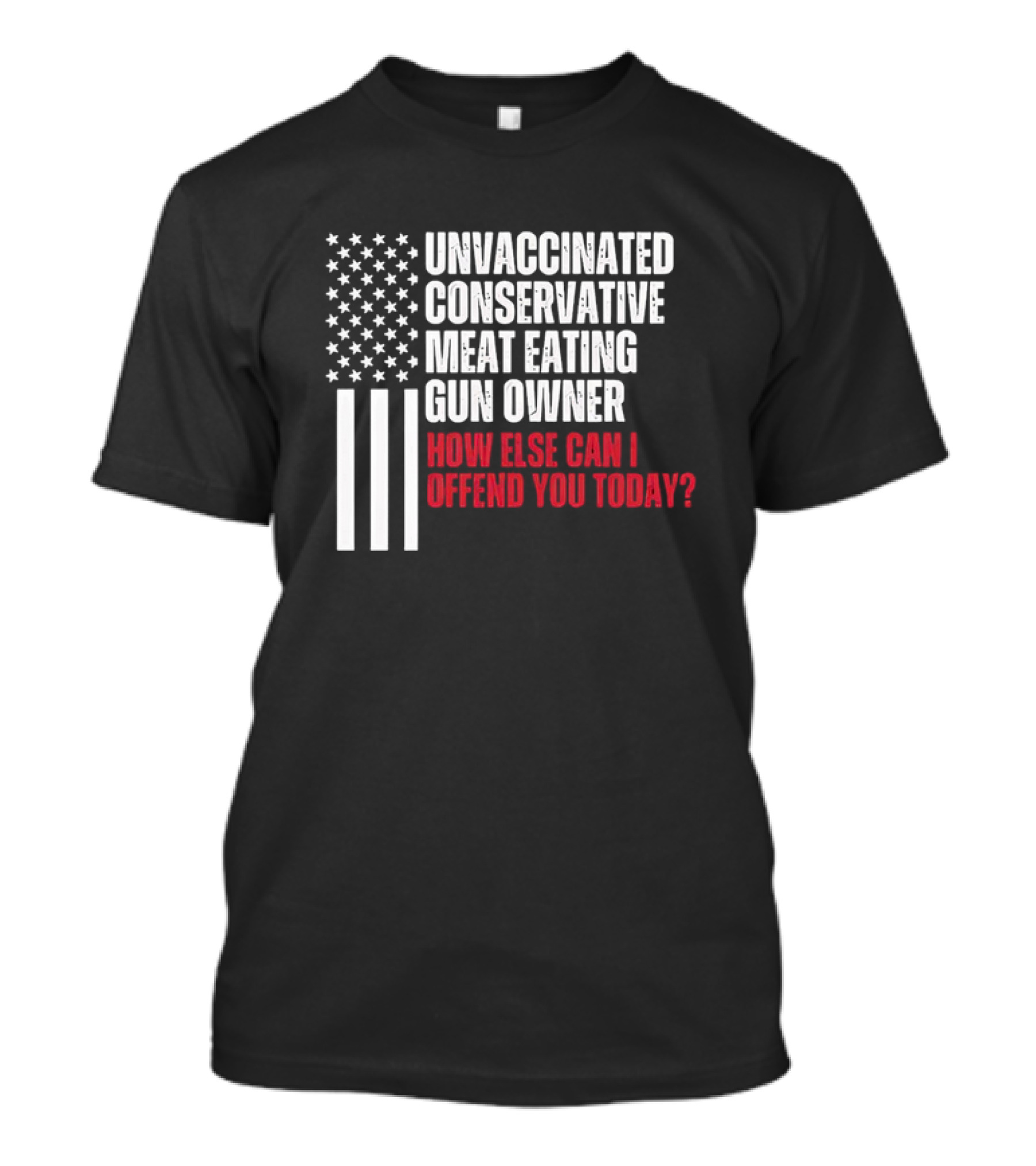 Unvaccinated Conservative Meat Eating Gun Owner How Else Can I Offend You Today USA Flag T-Shirt