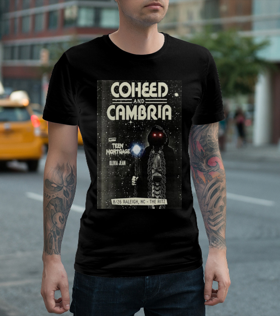 Coheed And Cambria 8/26 Raleigh NC The Ritz With Teen Mortgage Olivia Jean Mysterious Hooded Figure With Cosmic Background T-Shirt