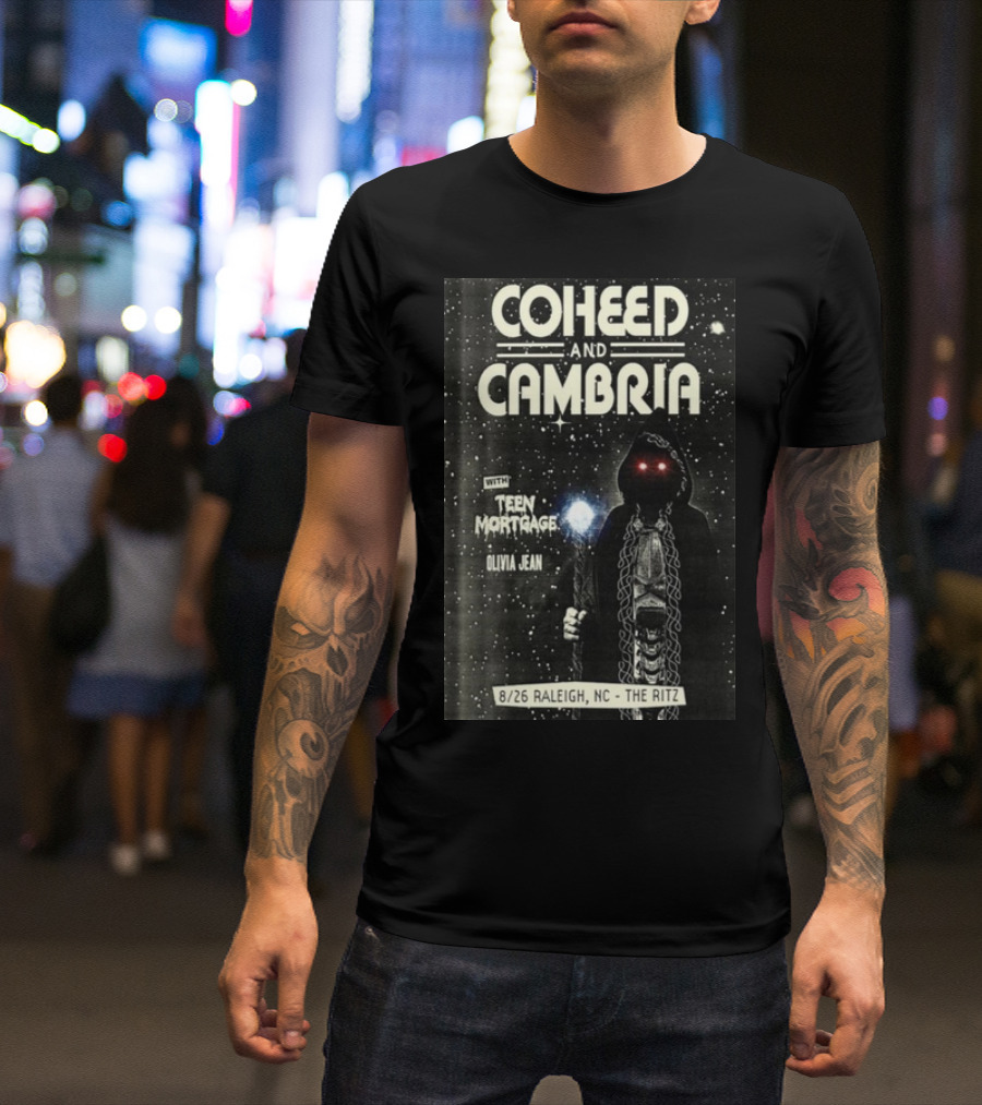 Coheed And Cambria 8/26 Raleigh NC The Ritz With Teen Mortgage Olivia Jean Mysterious Hooded Figure With Cosmic Background T-Shirt