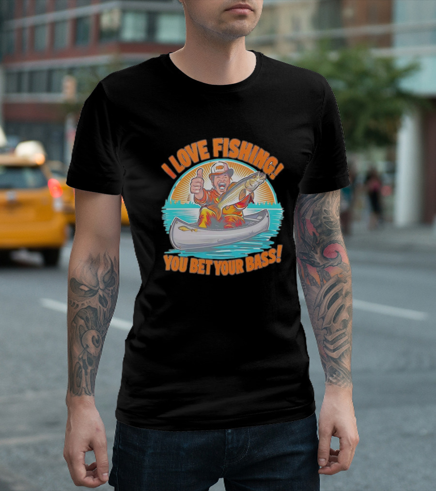 I Love Fishing You Bet Your Bass Fisherman in Canoe with Thumbs Up T-Shirt