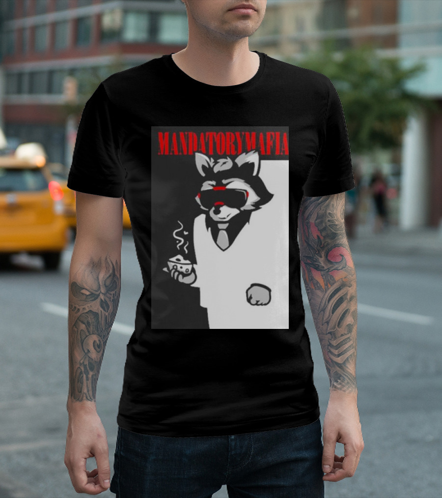 MANDATORY MAFIA RACCOON WITH COFFEE IN SUIT AND SUNGLASSES T-Shirt