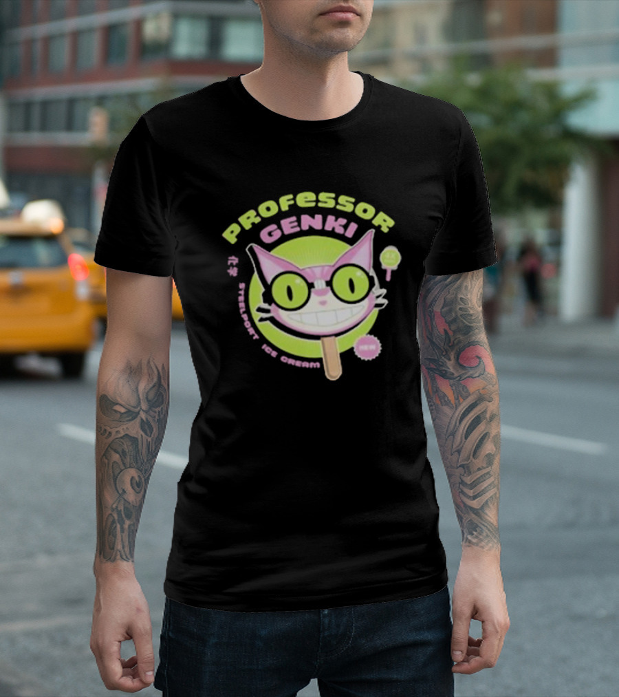 Professor Genki Steelport Ice Cream Cat Neon Green Pink Fun T-Shirt
