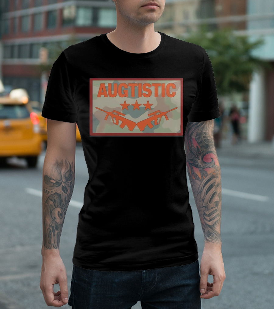 AUGTISTIC Stars and Rifles on Camouflage Background T-Shirt