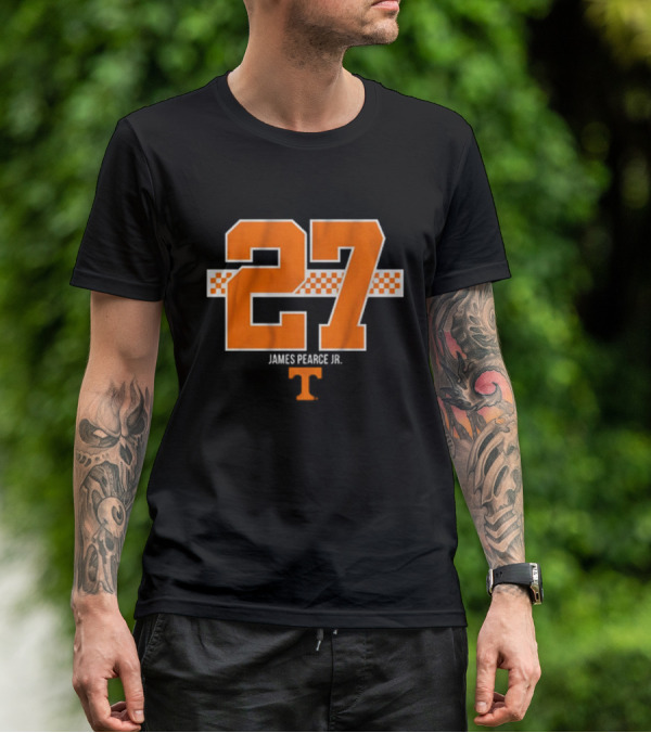 Tennessee Football James Pearce Jr. 27 Orange Checker Stripe T-Shirt
