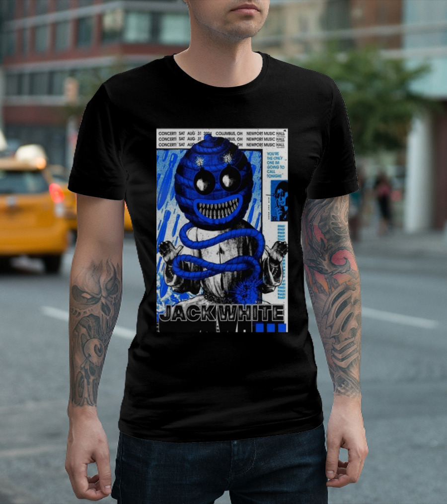 Jack White Concert Sat Aug 31 2024 Columbus OH Newport Music Hall Bold Blue Grinning Globe T-Shirt