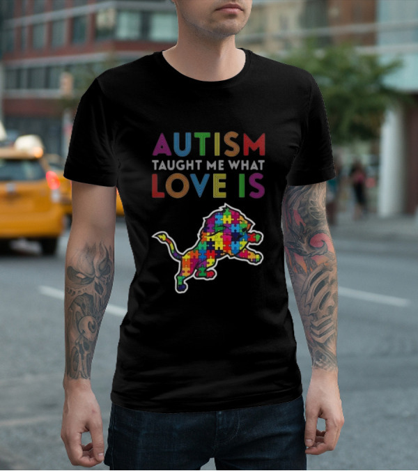 Detroit Lions Autism Taught Me What Love Is Puzzle Lion T-Shirt