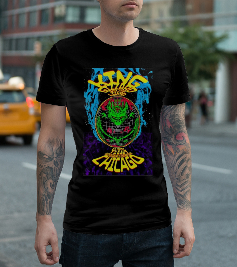 King Gizzard And The Lizard Wizard Sep 1 2024 Chicago Neon Dragon Globe T-Shirt