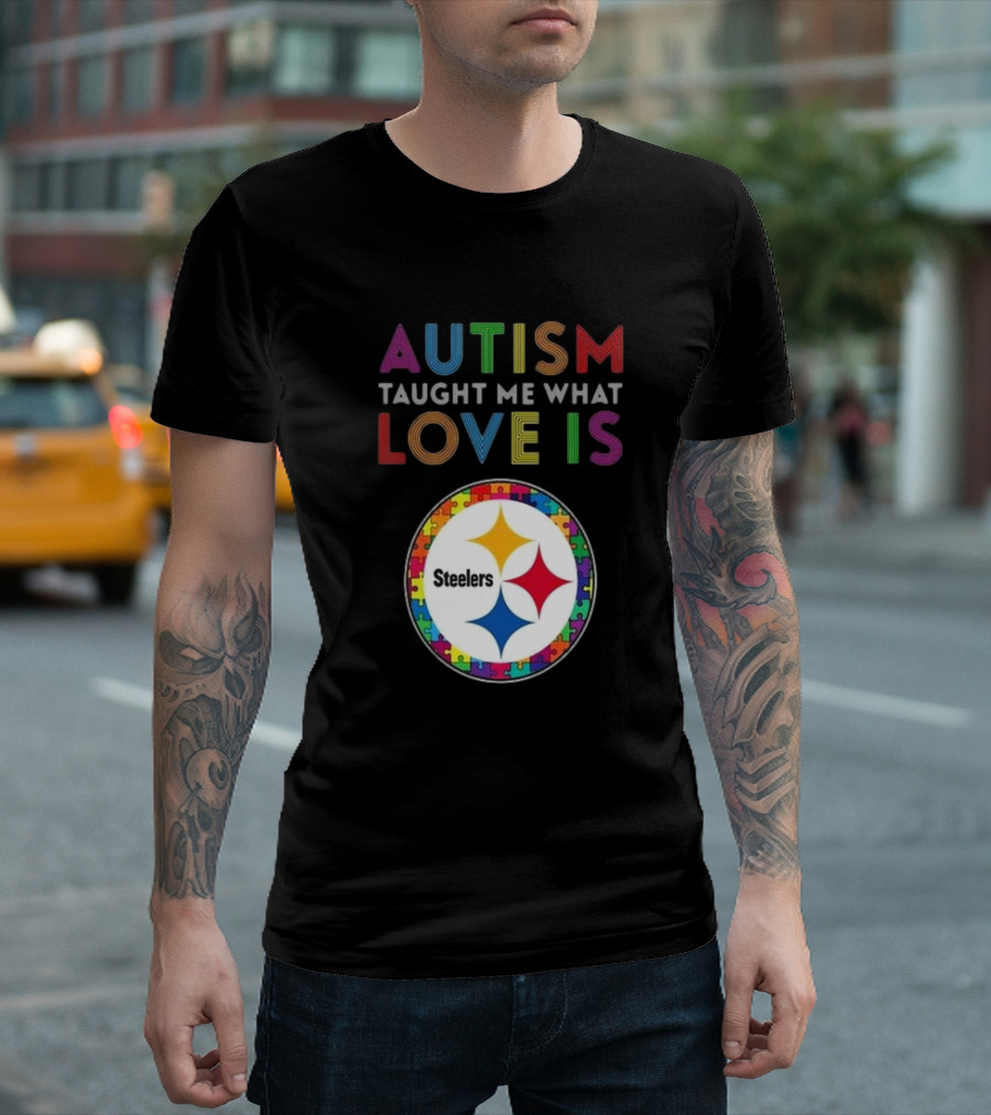 Autism Taught Me What Love Is Pittsburgh Steelers Puzzle T-Shirt