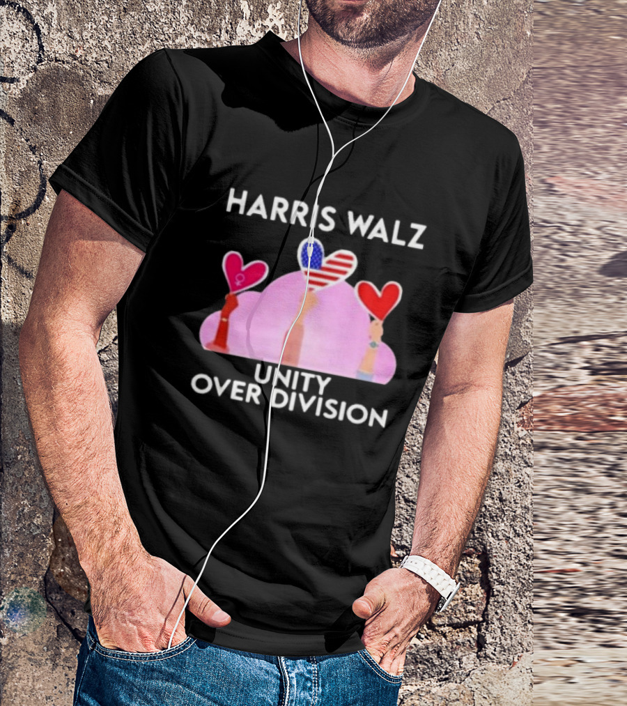 Harris Walz Unity Over Division 2024 Hearts American Flag T-Shirt