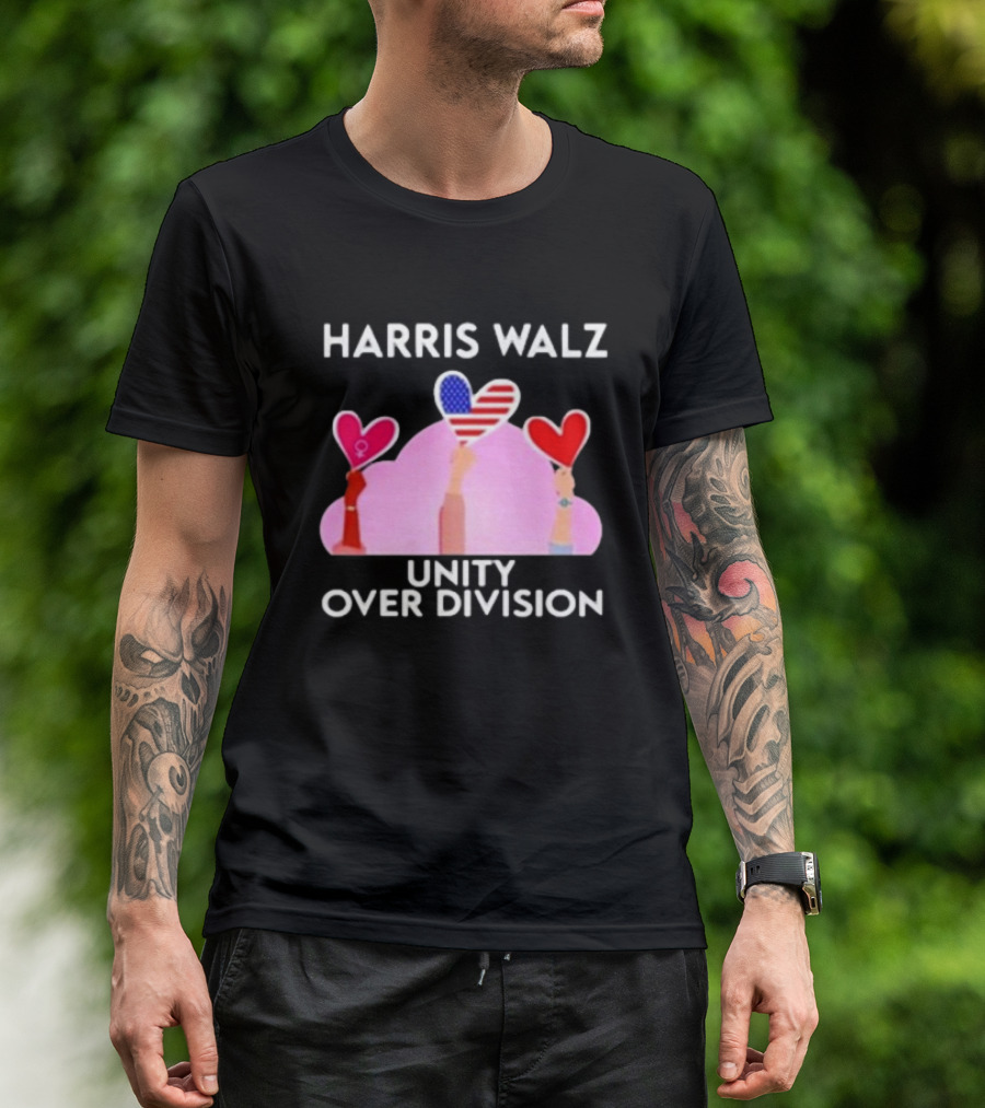 Harris Walz Unity Over Division 2024 Hearts American Flag T-Shirt