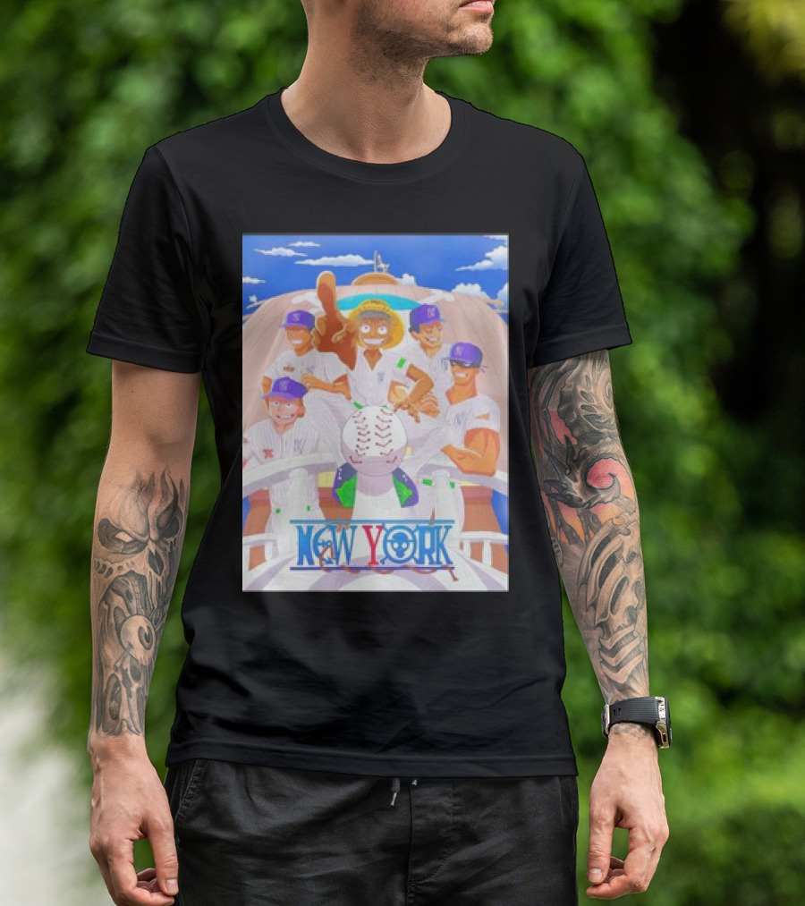 New York Yankees One Piece Anime Crossover Featuring Iconic Baseball T-Shirt