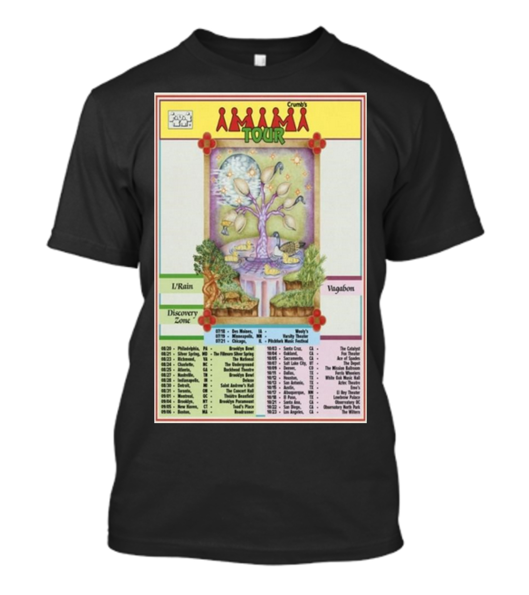 Crumb's Tour Discovery Zone U/Rain Vagabonds 2024 Magic Tree Artwork With Dates And Locations T-Shirt