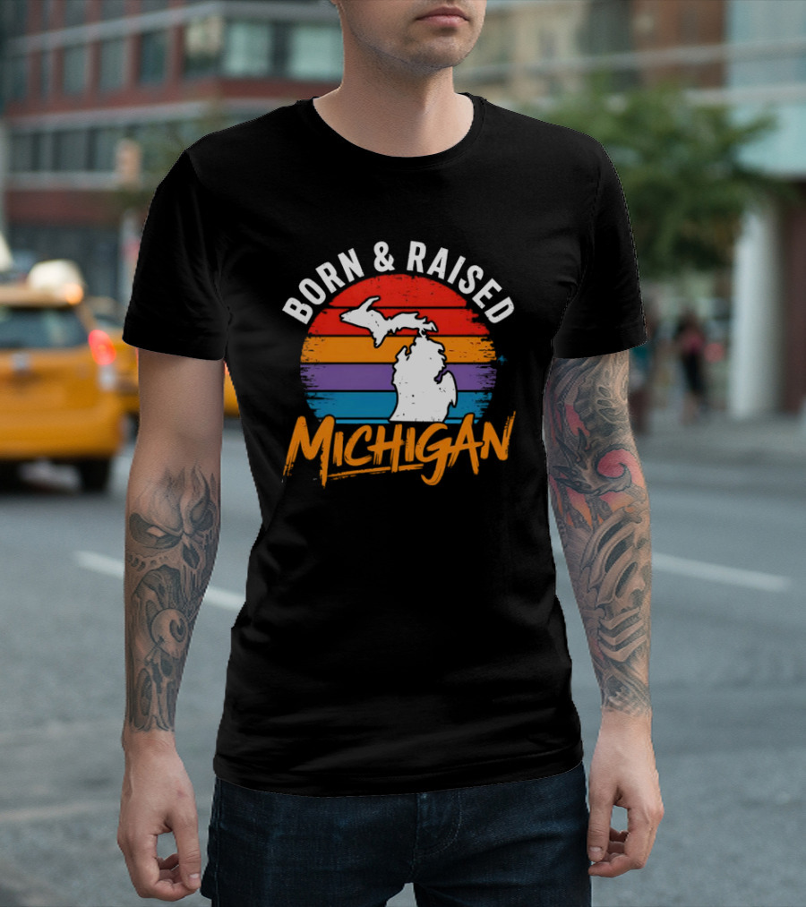 Born And Raised Michigan Vintage Sunset Map Stripes T-Shirt