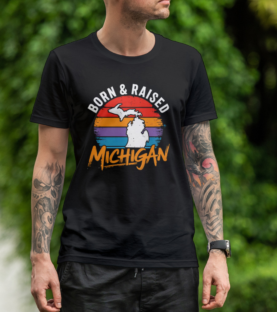 Born And Raised Michigan Vintage Sunset Map Stripes T-Shirt