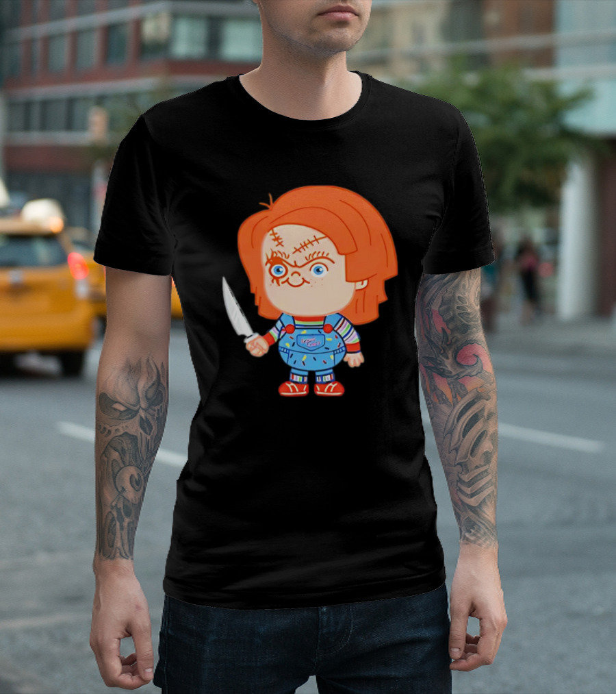 Chucky Evil Doll with Knife in Striped Lovely Overalls T-Shirt