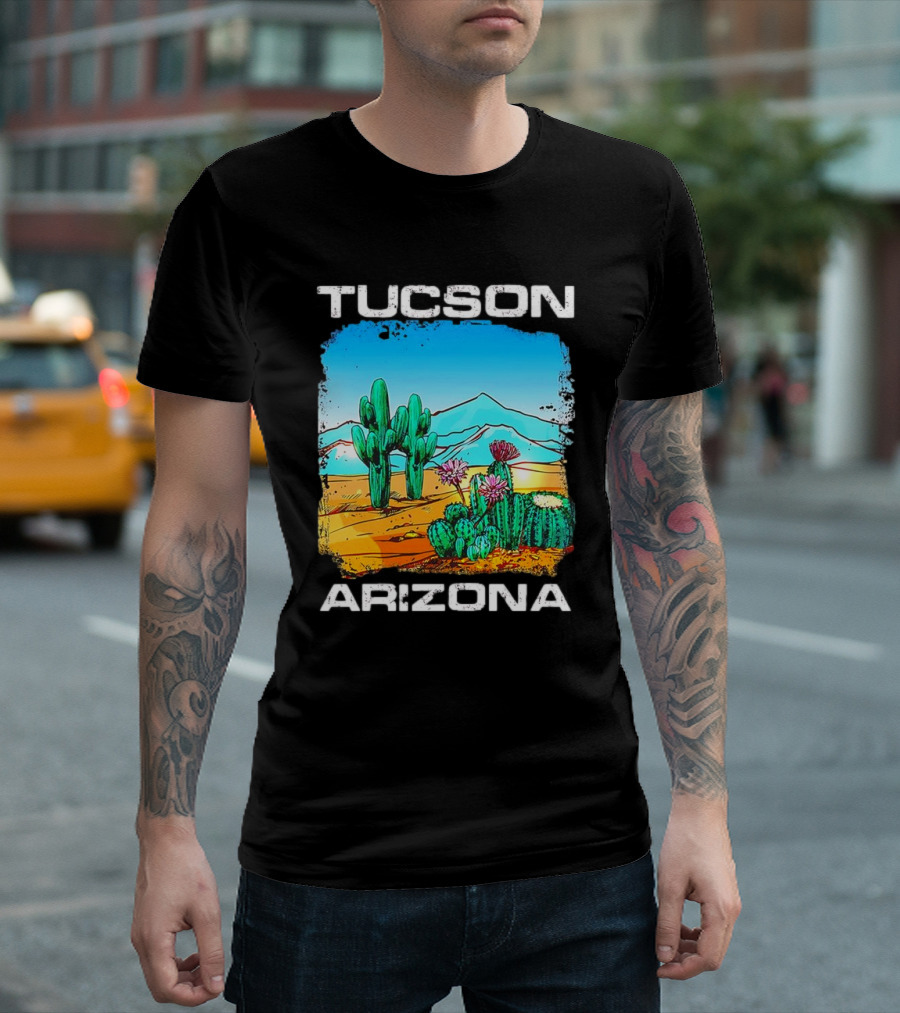 Tucson Arizona Retro Desert Scene With Cactus And Mountains T-Shirt