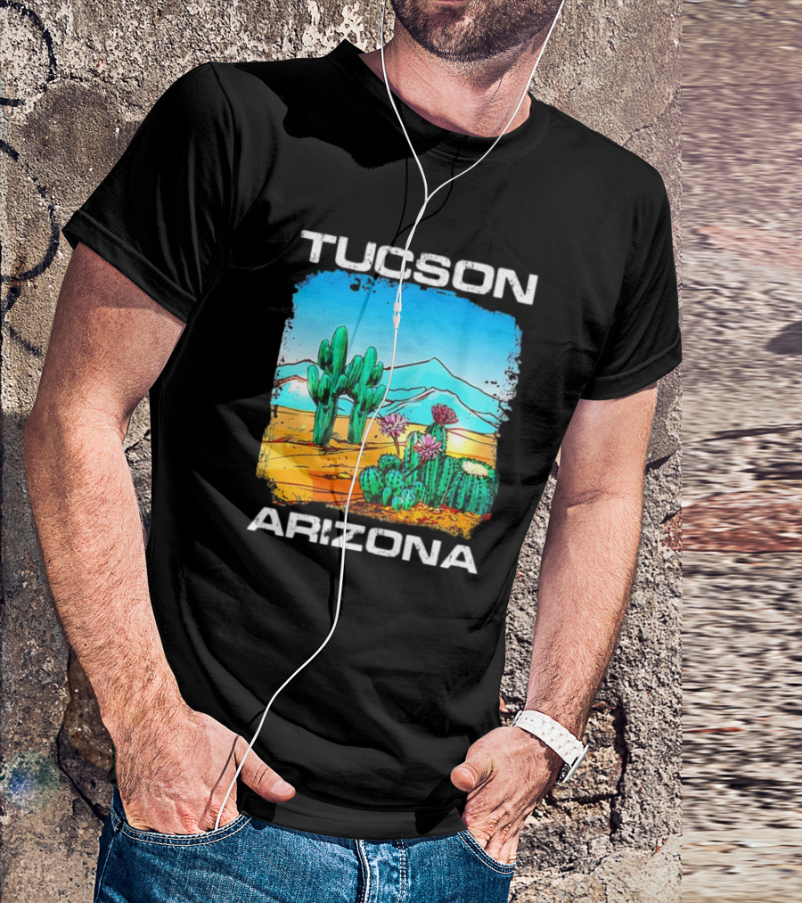 Tucson Arizona Retro Desert Scene With Cactus And Mountains T-Shirt