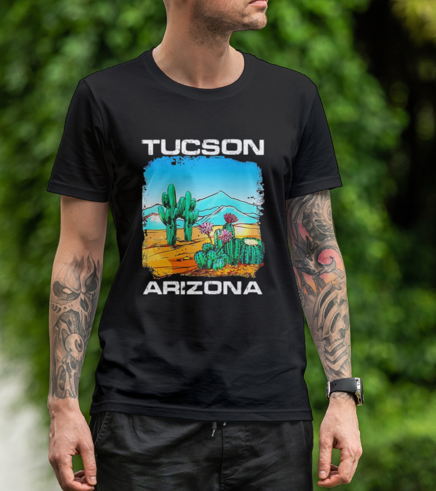 Tucson Arizona Retro Desert Scene With Cactus And Mountains T-Shirt