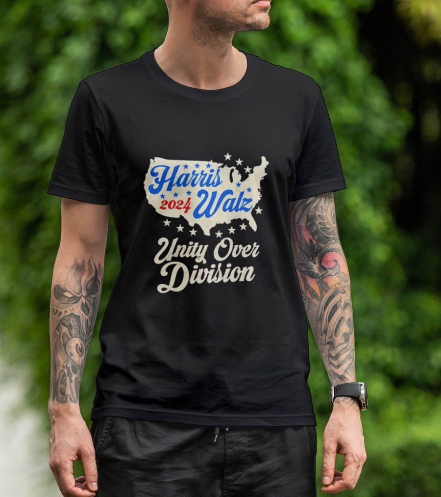 Harris Walz 2024 Unity Over Division USA Map With Stars T-Shirt