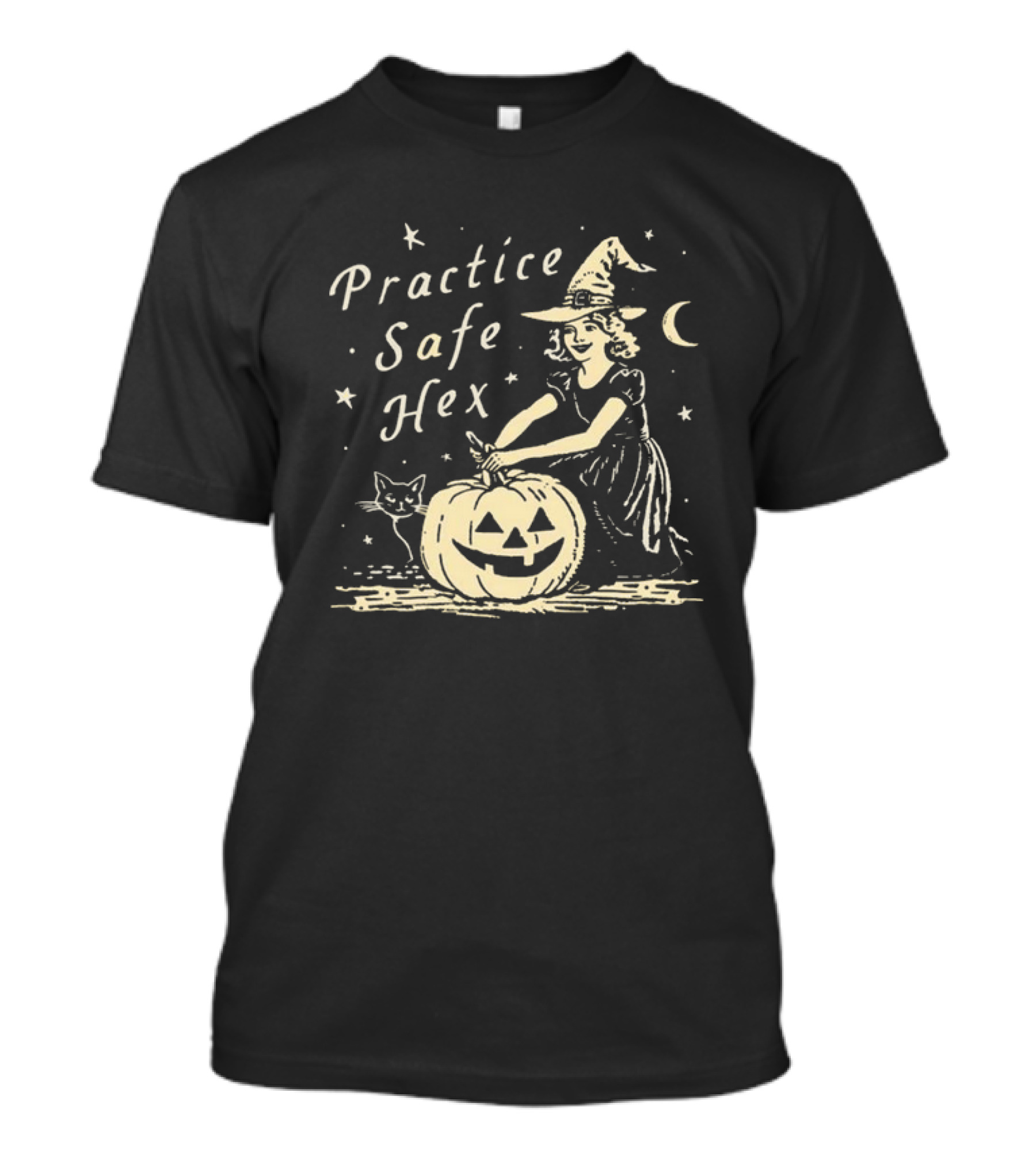 Practice Safe Hex Halloween Witch Pumpkin Cat Moon Stars T-Shirt