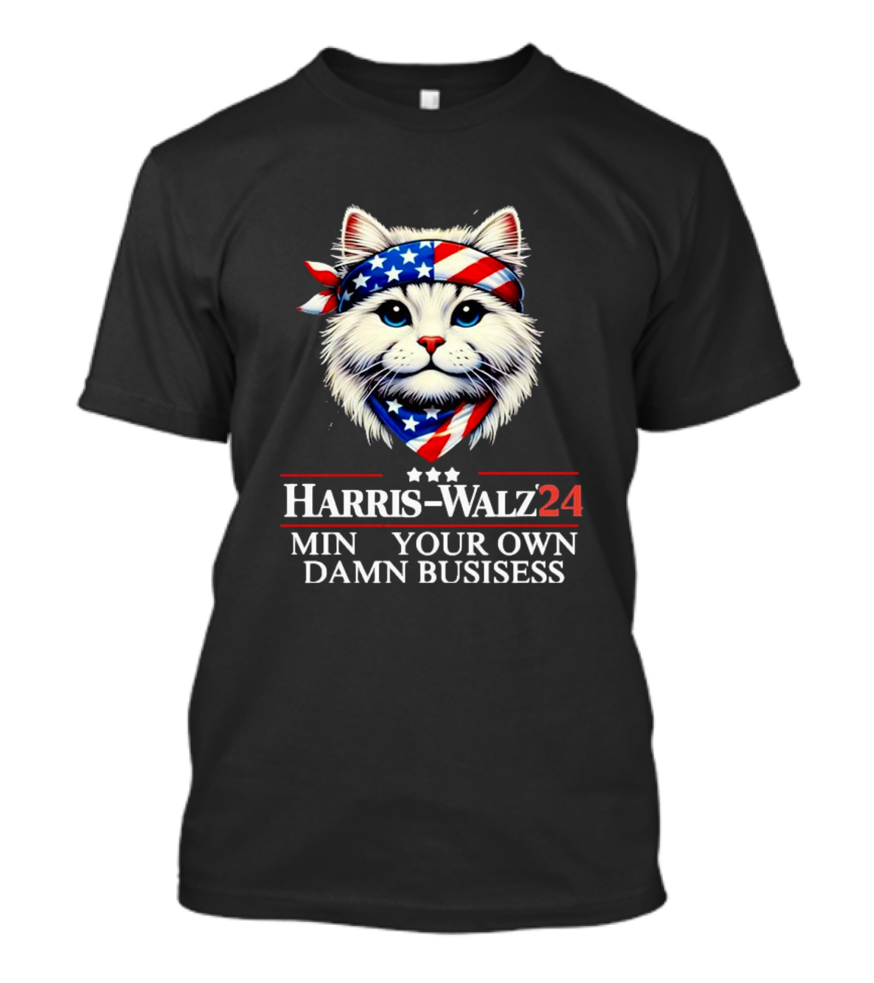 Harris Walz 24 Mind Your Own Damn Business Patriotic Cat With Bandana T-Shirt
