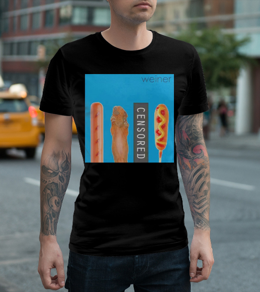 Weiner Hotdog Censored Humor Blue Background T-Shirt