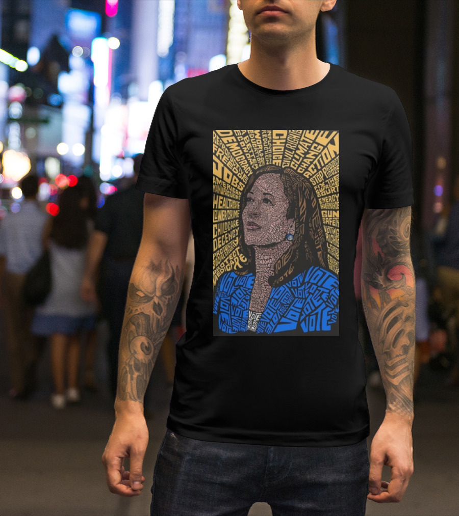 Kamala Harris Portrait Typographic Featuring American Women And Empowerment Words T-Shirt