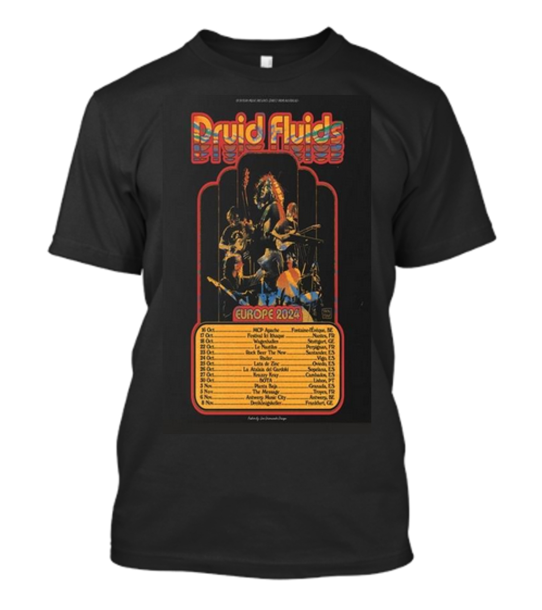 Druid Fluids Europe 2024 Concert Tour Poster With Tour Dates And Cities T-Shirt
