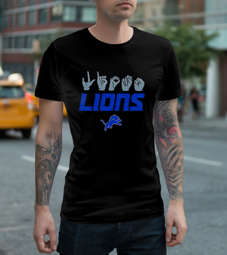 Love Sign with Detroit Lions ASL Logo and Blue Lion Emblem T-Shirt
