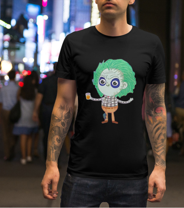 Beetlejuice Ghost Exorcist Cartoon Character With Drink T-Shirt